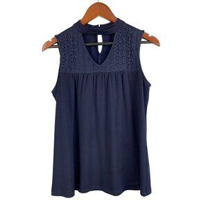 Cocomo Petite Womens Sleeveless Navy Top With Lace Detail & Back Button Closure